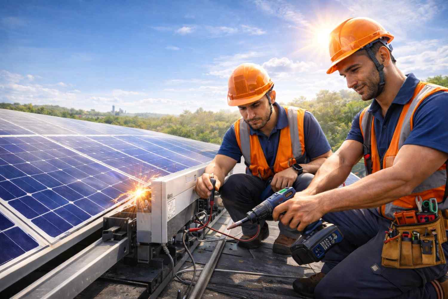 Technicians maintaining large commercial solar power plant