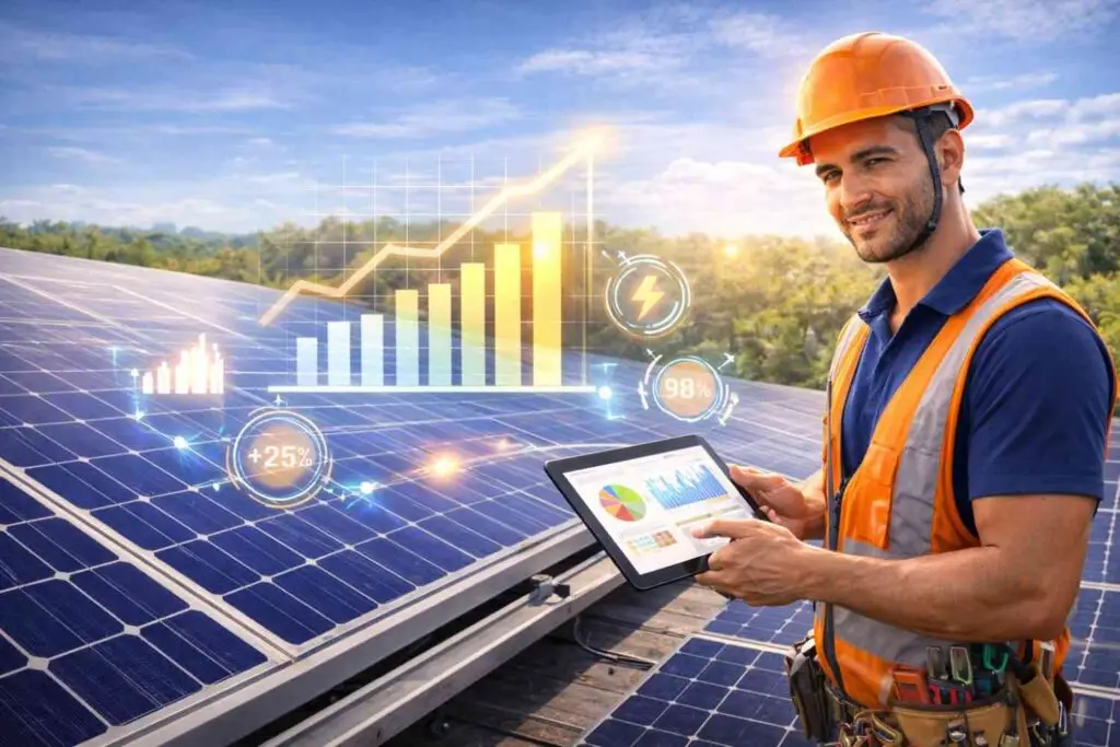 Technicians maintaining large commercial solar power plant