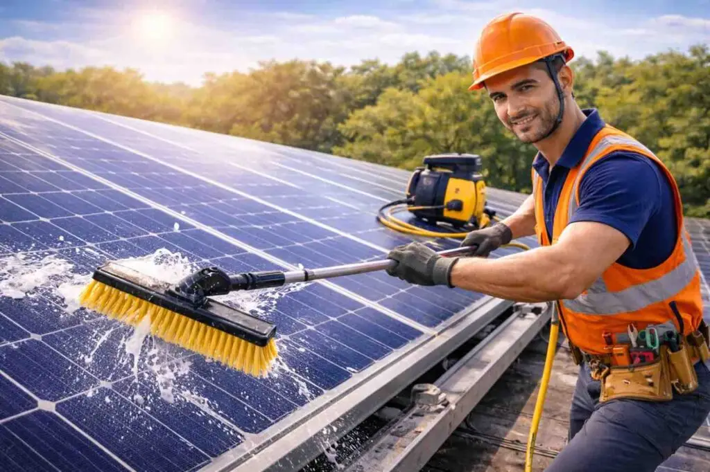 Worker cleaning dust from solar panels using professional tools