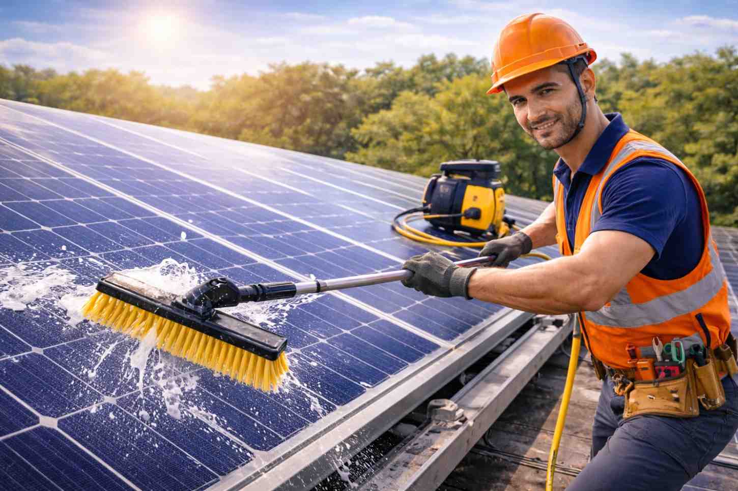 Worker cleaning dust from solar panels using professional tools