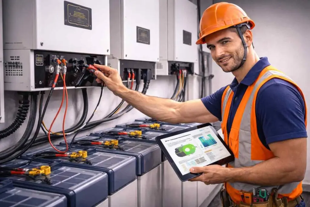 Solar technician inspecting and servicing solar inverters and batteries in a clean utility room