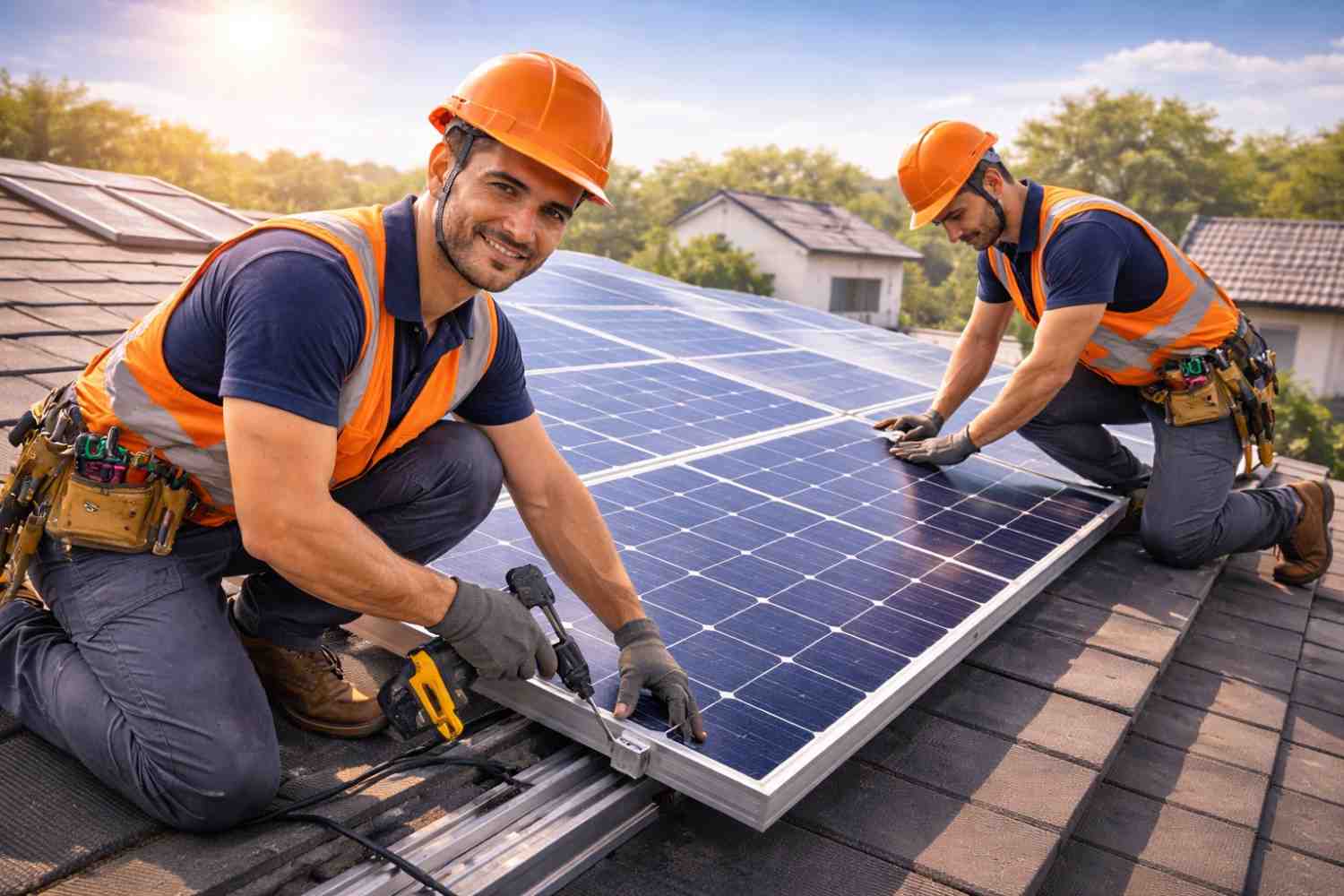 Rooftop solar panel installation on residential building