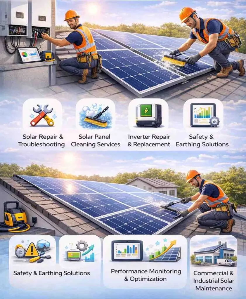 Solar technician inspecting panels and inverter system at solar site