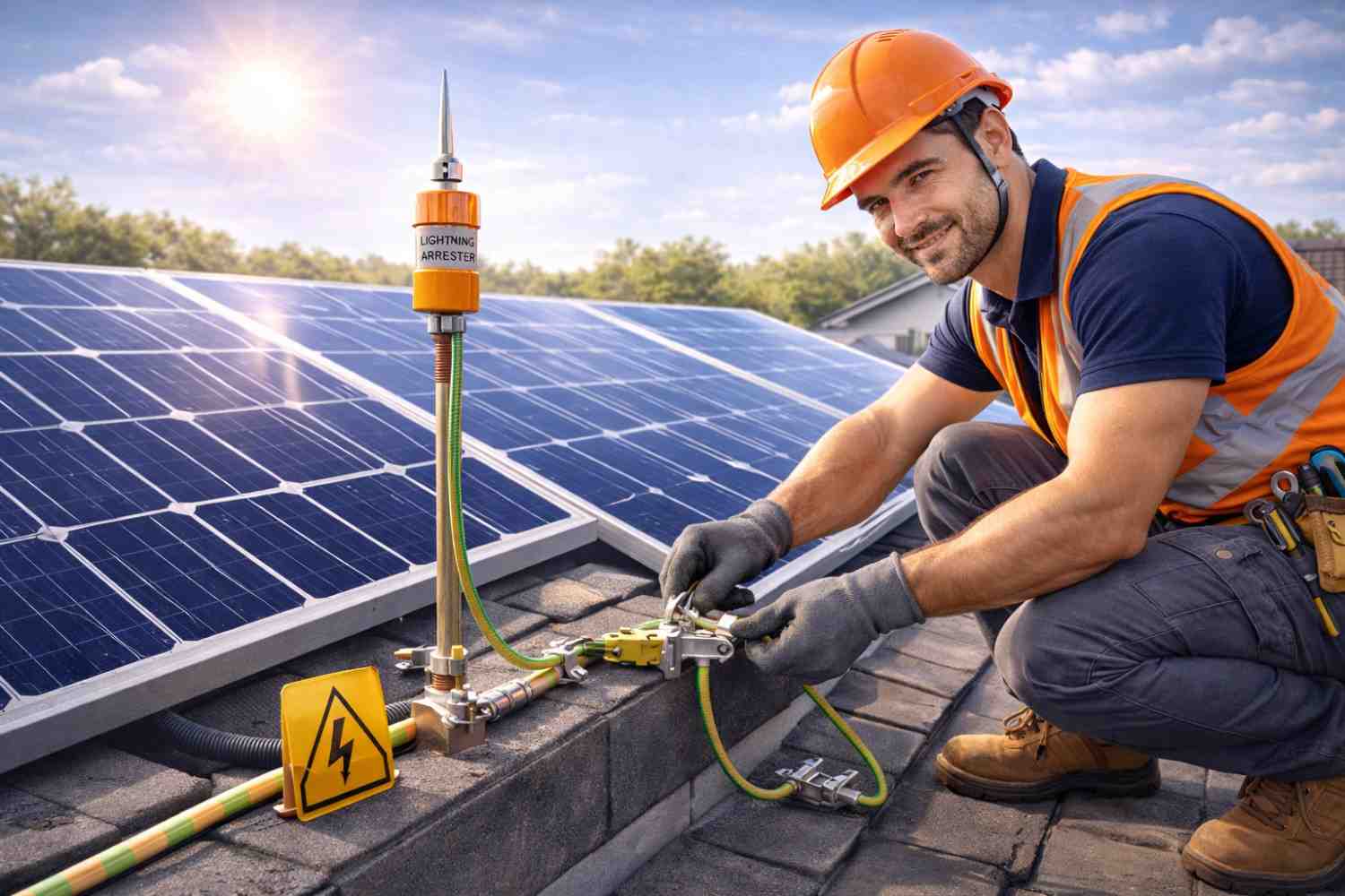 Solar technician installing and inspecting rooftop earthing and lightning protection system for solar panels