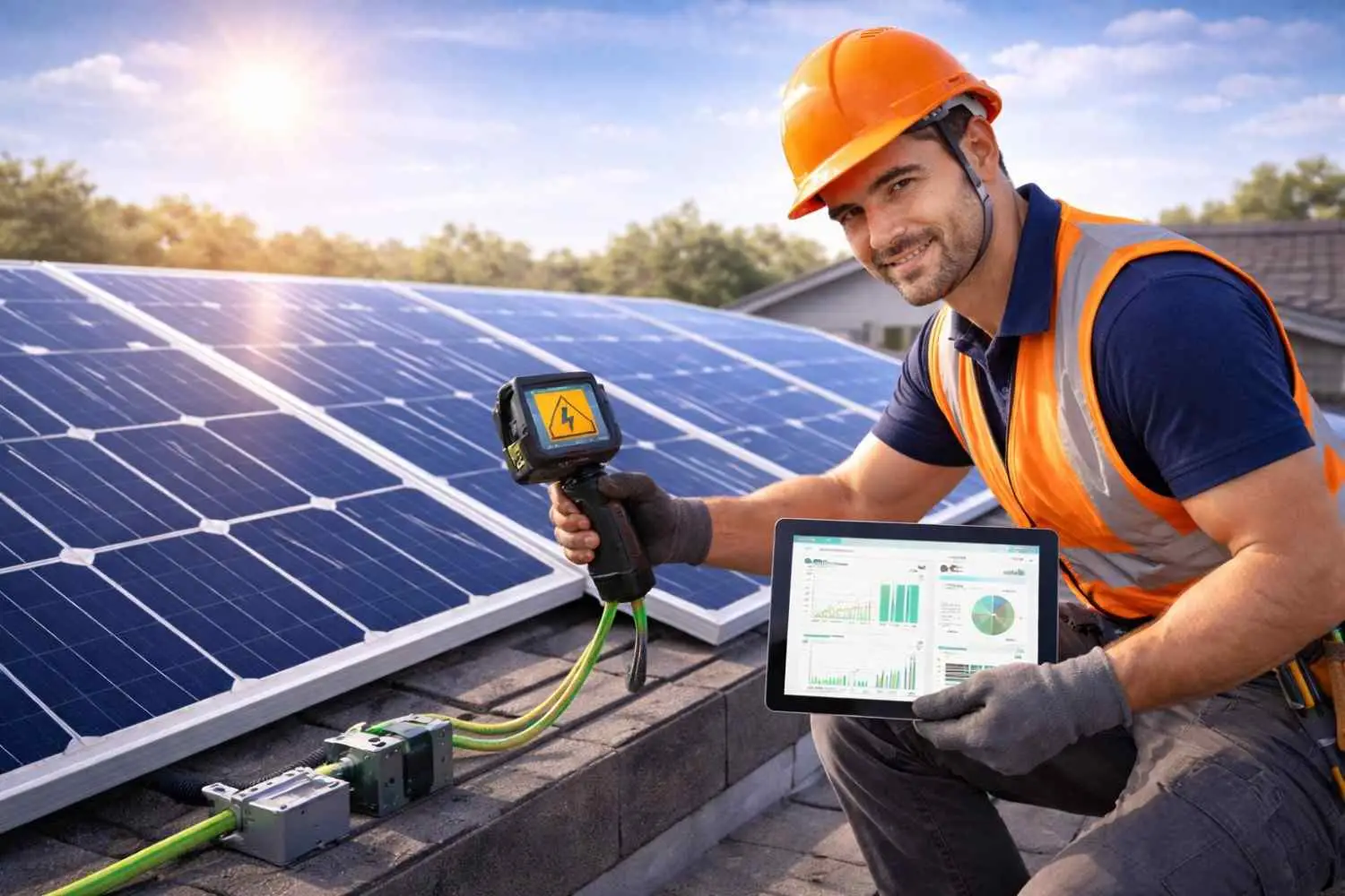 Solar technician inspecting and servicing solar inverters and batteries in a clean utility room