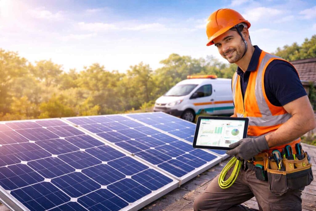 Technician in safety gear installing solar panels and holding a tablet showing energy data, with Energicare branding promoting sustainable energy solutions.