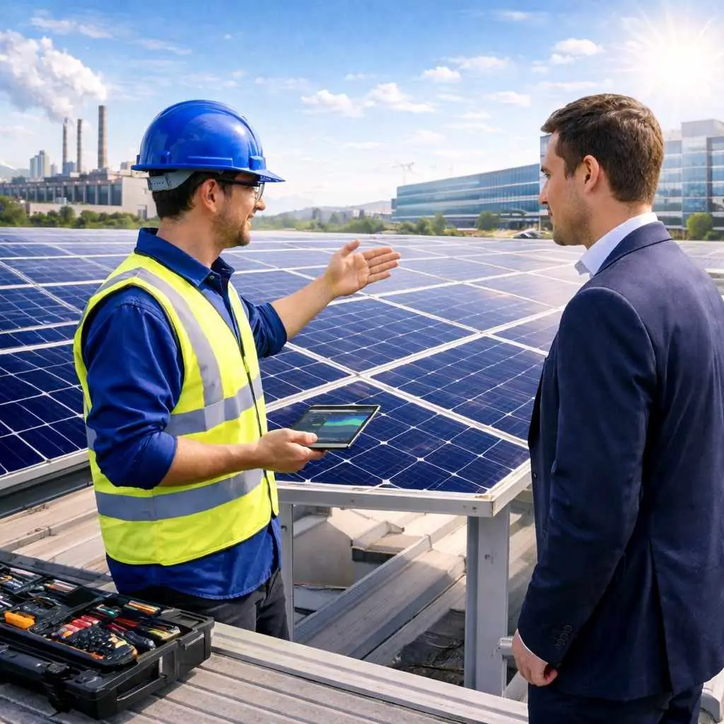 Commercial and industrial solar maintenance technicians inspecting rooftop solar panels for optimal performance.