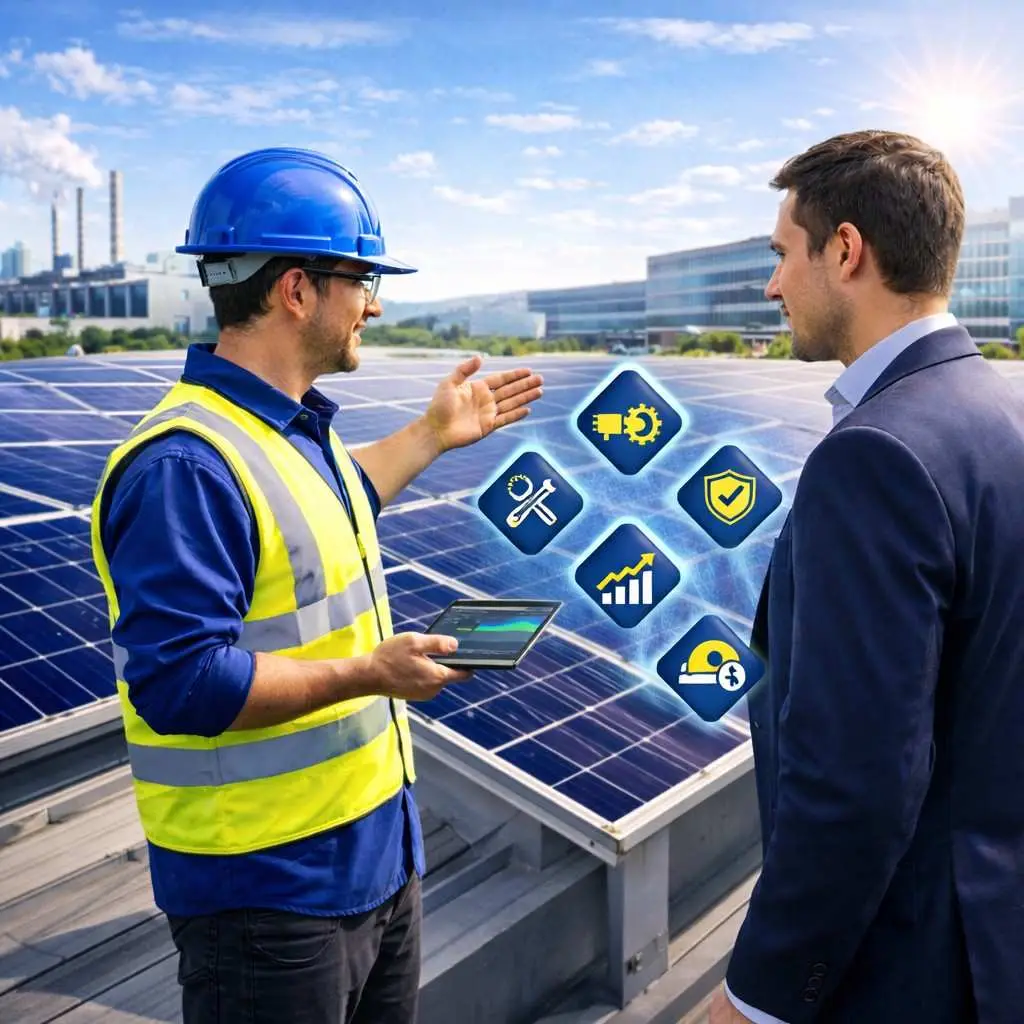 Commercial and industrial solar maintenance technicians inspecting rooftop solar panels for optimal performance