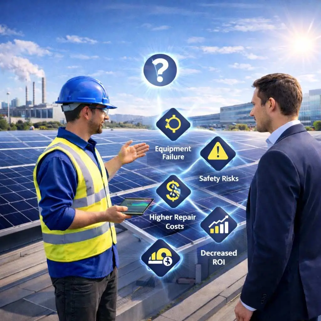 Commercial and industrial solar maintenance technicians inspecting rooftop solar panels for optimal performance.