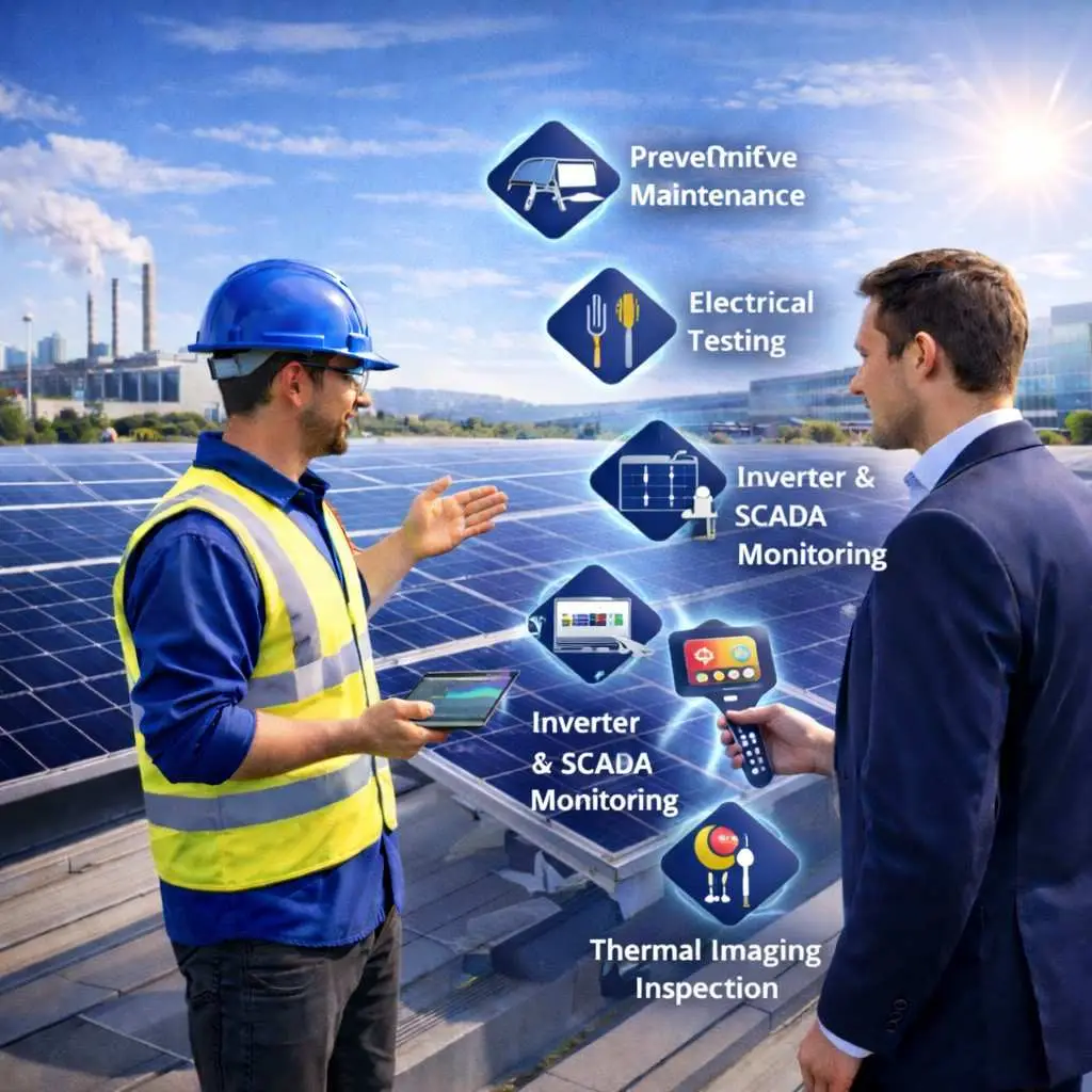 Commercial and industrial solar maintenance technicians inspecting rooftop solar panels for optimal performance.