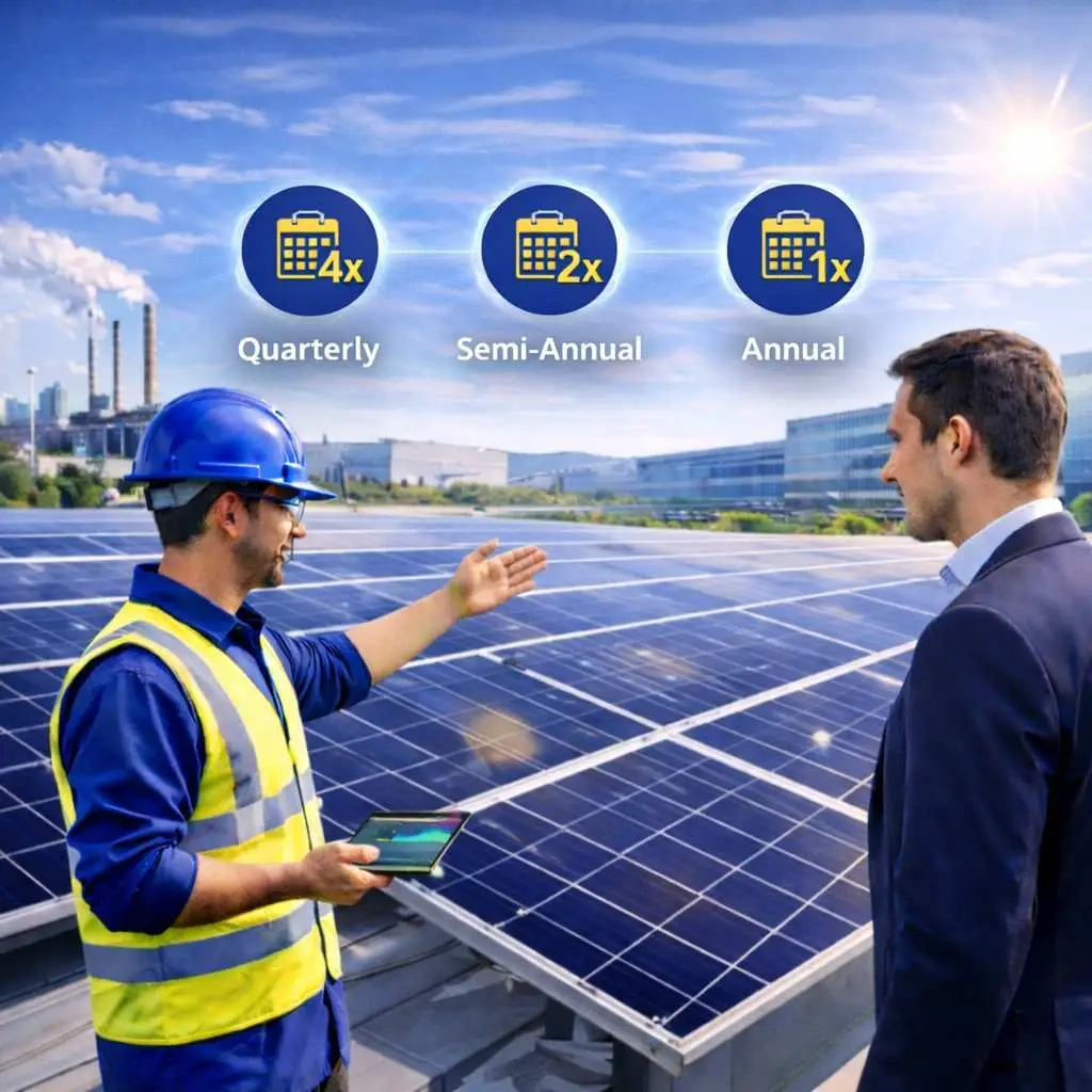 Commercial and industrial solar maintenance technicians inspecting rooftop solar panels for optimal performance.