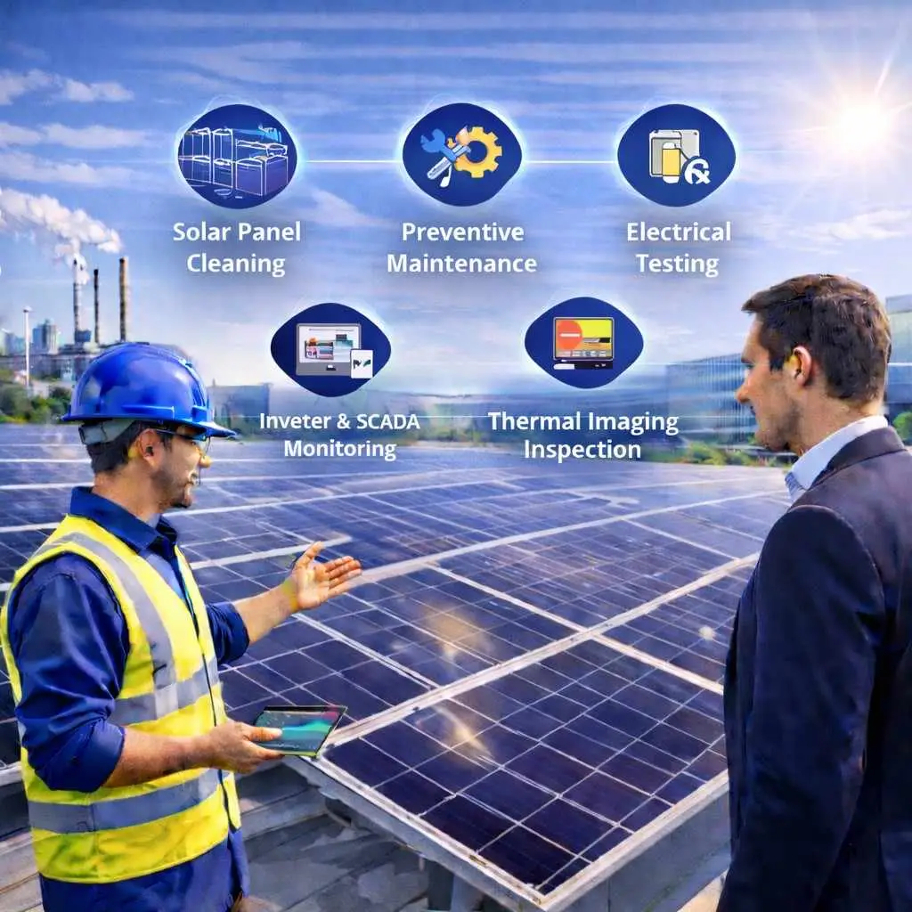 Commercial and industrial solar maintenance technicians inspecting rooftop solar panels for optimal performance.