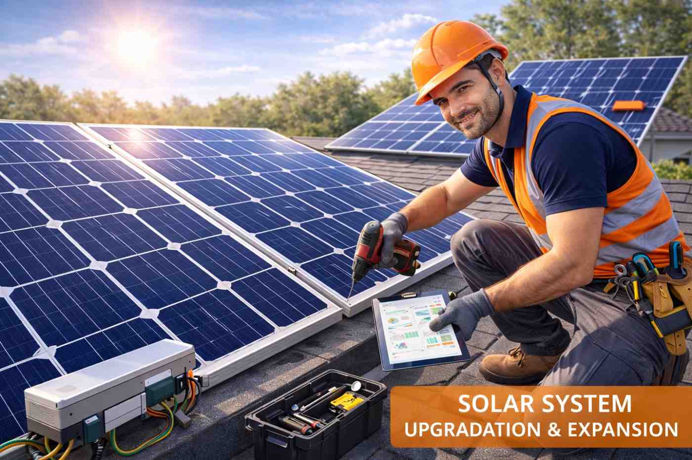 Solar technician inspecting and servicing solar inverters and batteries in a clean utility room