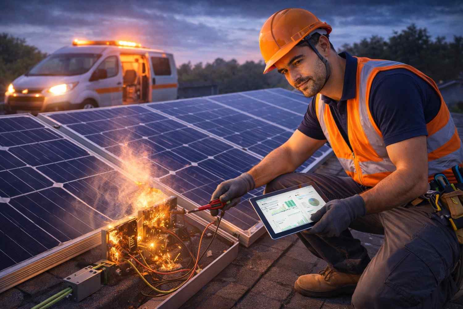 Solar technician installing and inspecting rooftop earthing and lightning protection system for solar panels