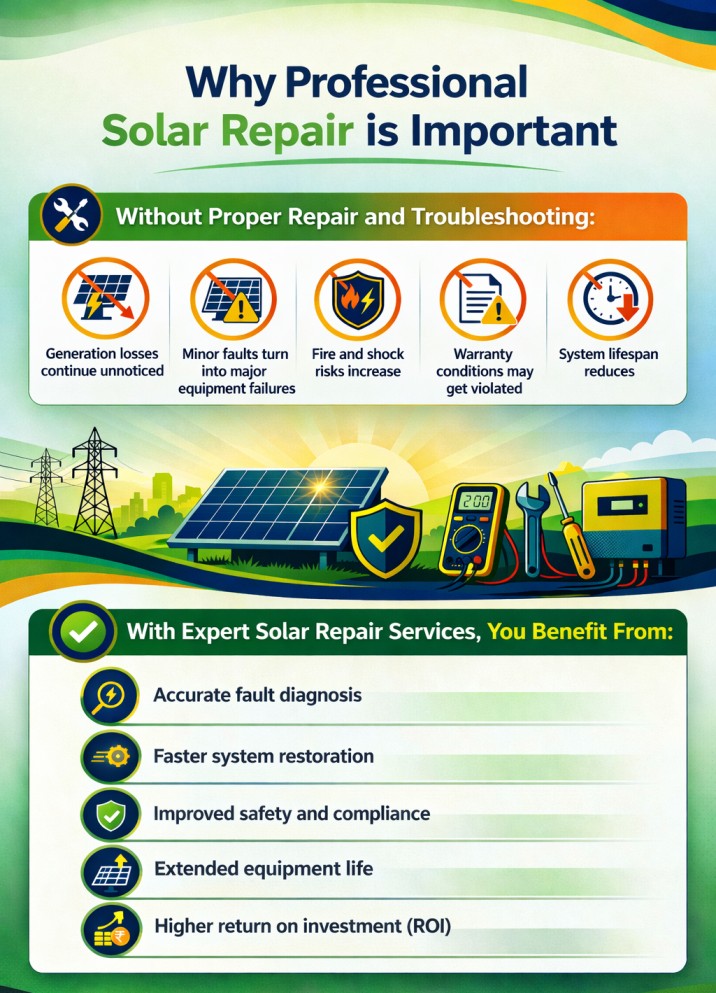 Professional solar repair showing technician safely inspecting and fixing solar system components