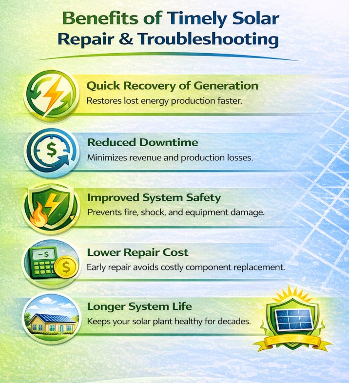 Benefits of timely solar repair showing improved efficiency, reduced downtime, and system reliability