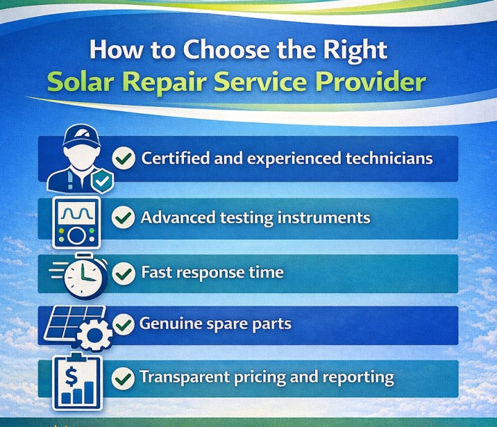 Choosing solar repair service provider showing technician inspection, tools, and professional maintenance service