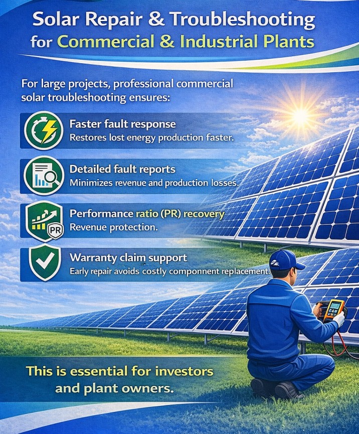 Solar technician using tools to inspect and repair solar system