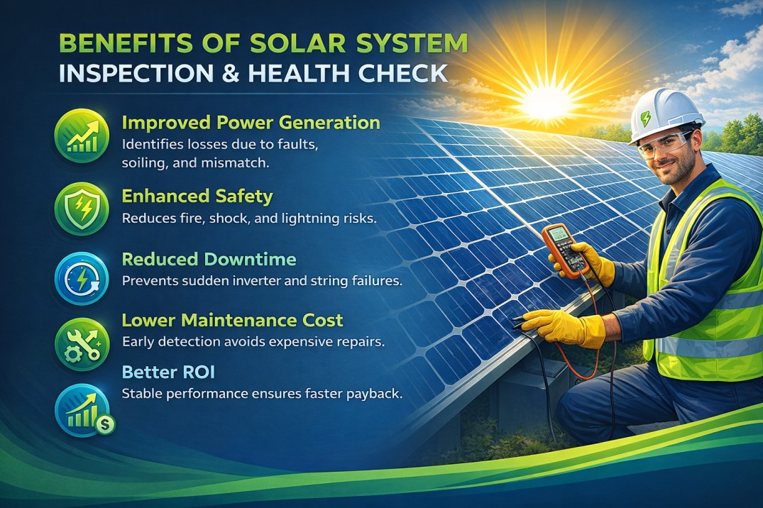 Benefits of solar inspection showing improved performance, safety checks, and system reliability