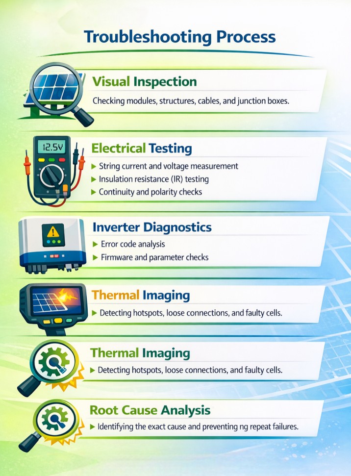 Solar troubleshooting process showing inspection, testing, and repair of solar system components