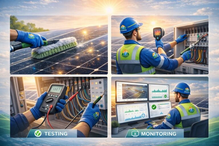 Solar AMC services showing panel cleaning, inspection, monitoring, and repair activities
