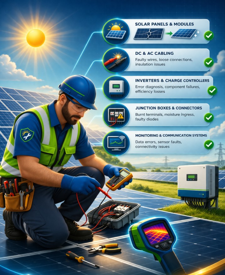 Solar repair and troubleshooting showing technician inspecting inverter and fixing solar system faults