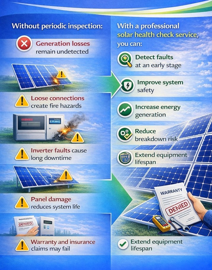 Importance of solar inspection showing technician checking system performance, safety, and fault detection