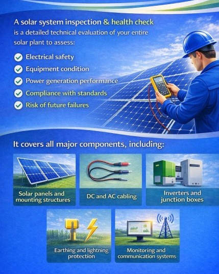 Solar system inspection showing technician checking panels, inverter, cabling, and electrical safety of solar plant