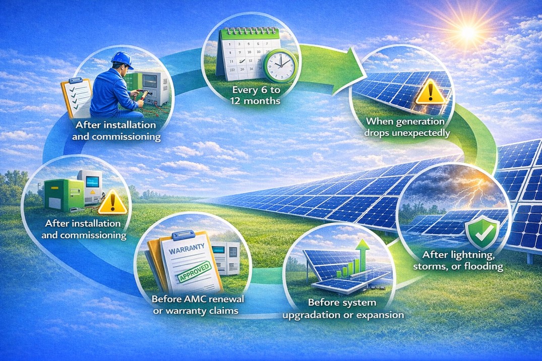 Solar system health check timing showing technician inspecting panels during maintenance schedule