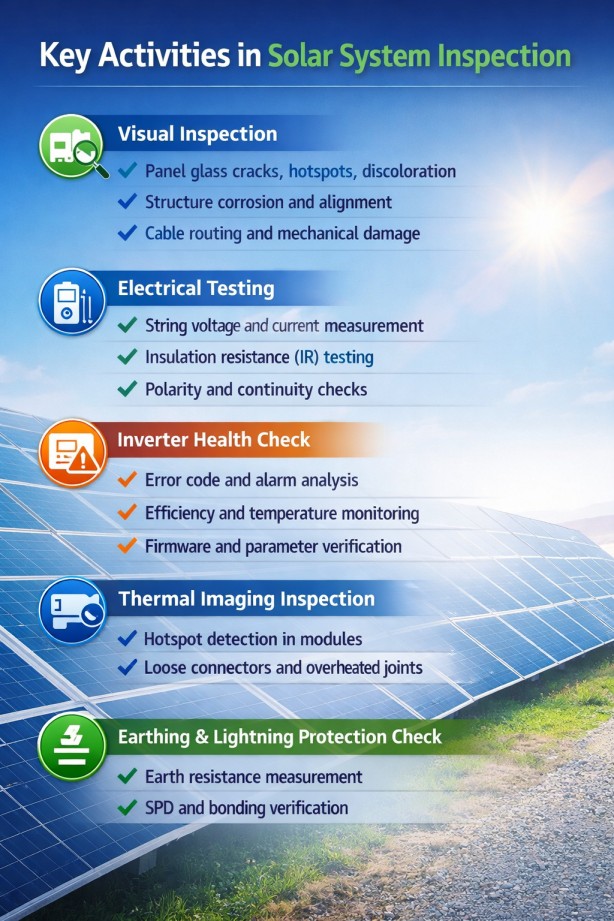 Solar inspection activities showing technician testing panels, inverter, wiring, and safety systems