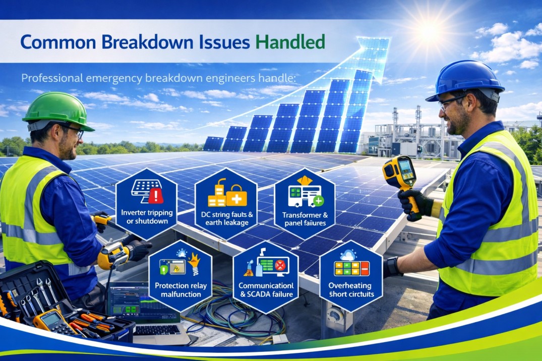 Common solar breakdown issues showing inverter faults, wiring problems, and performance failures