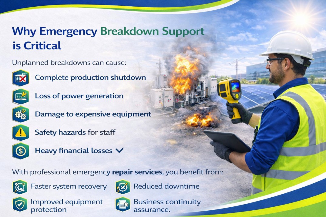 Impact of solar breakdown showing power loss, equipment damage, and need for emergency repair support