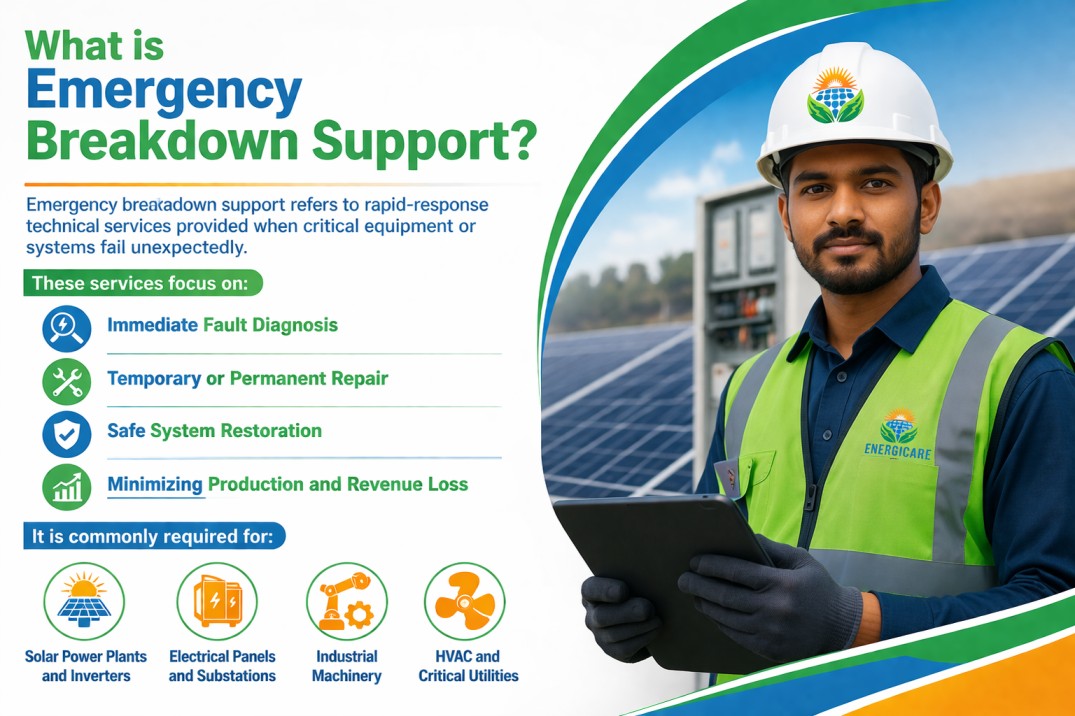 Emergency breakdown support showing technician quickly repairing solar system faults and restoring operation