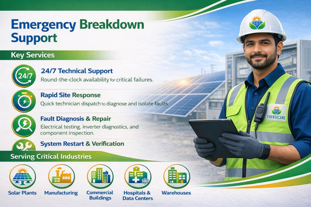 Emergency breakdown support showing technician providing fast on-site solar system repair