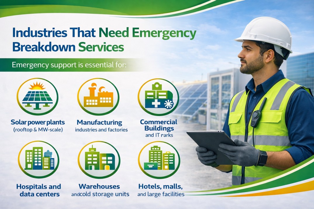Industries needing emergency breakdown support showing solar plant, factory, and commercial facility maintenance