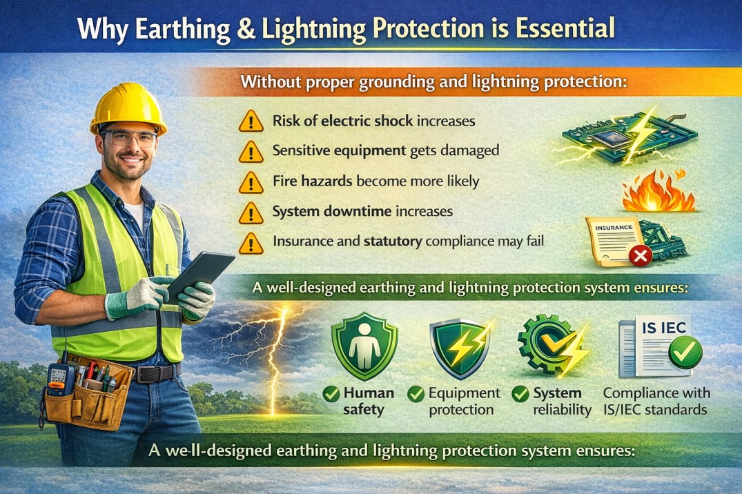 Technician installing earthing system and lightning protection to prevent electrical hazards and equipment damage