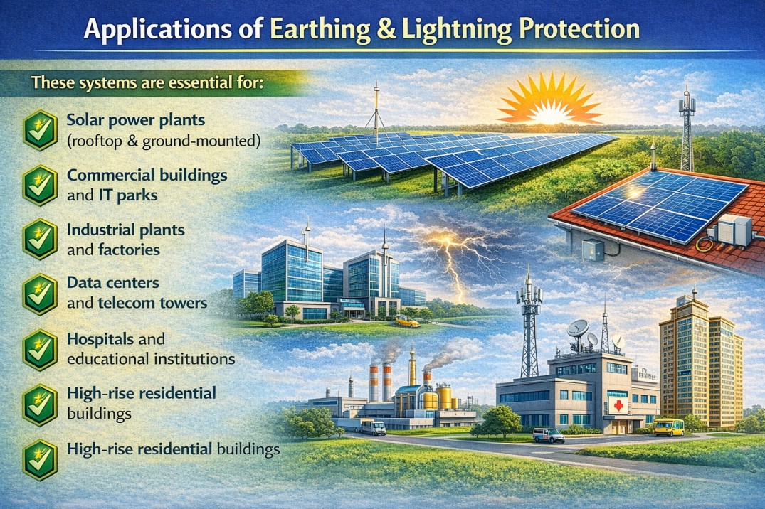 Applications of earthing and lightning protection in solar plants, industrial facilities, commercial buildings, and residential systems
