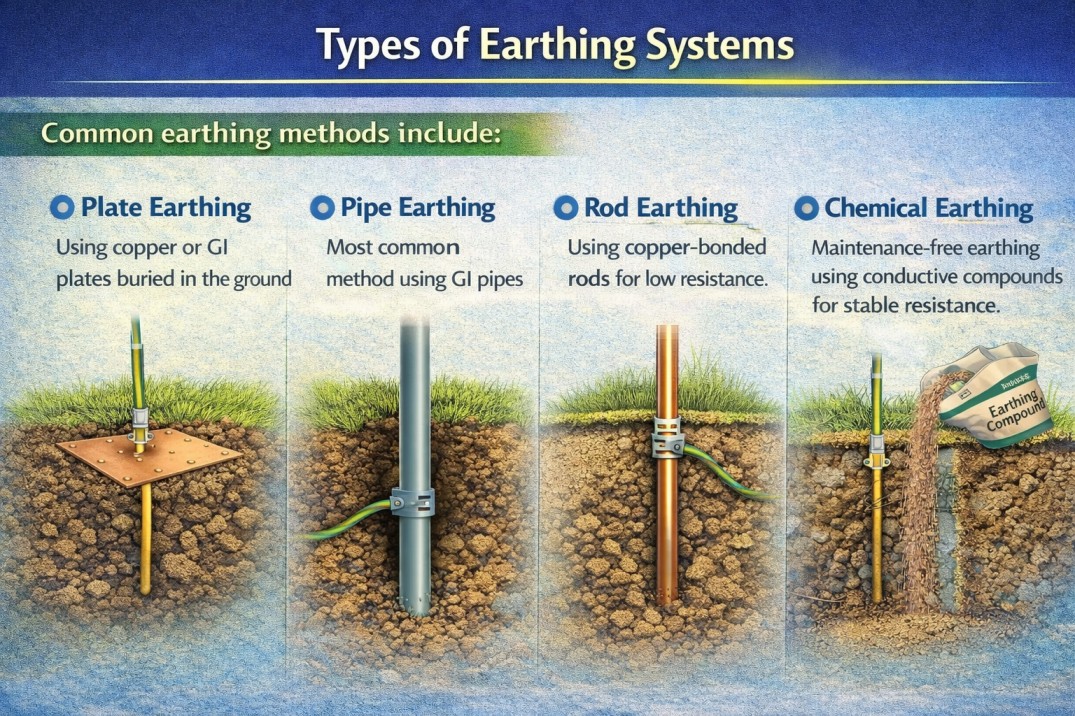 Different types of earthing systems including plate earthing, pipe earthing, rod earthing, and strip earthing installation methods