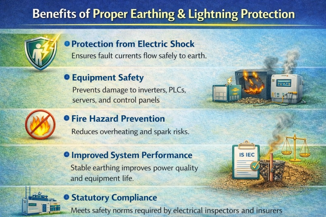 Benefits of proper earthing and lightning protection including electrical safety, equipment protection, and reduced downtime