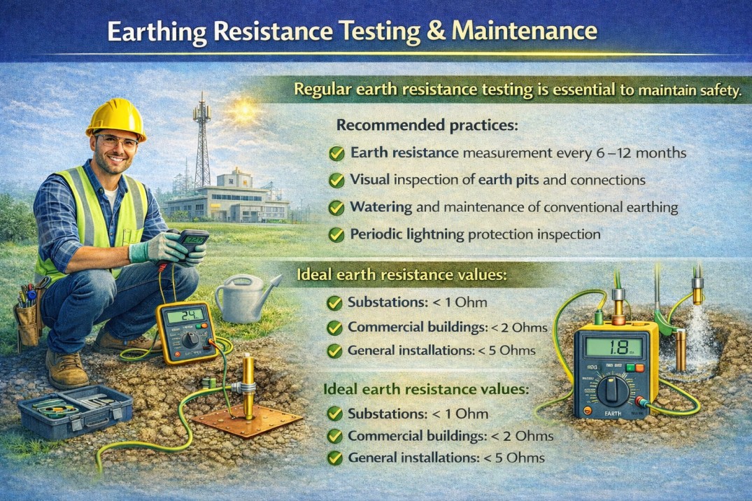 Technician performing earthing resistance testing using digital earth tester for grounding system maintenance