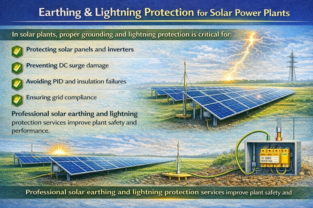 Earthing and lightning protection system installed in solar power plant with grounding grid and lightning arrestor